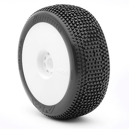 AKA Impact 1:8 Buggy Tyre Medium Longwear on white Evo Wheels (2)